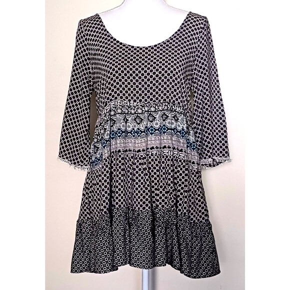 Umgee Flowy Boho Mixed Print Tiered Ruffle Tunic Top Sz S - Picture 1 of 5